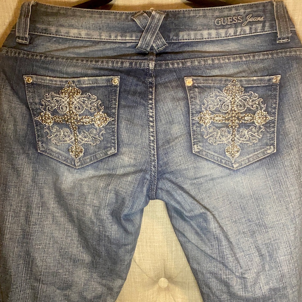 Guess Distressed Low Waist Bootcut Jeans with Stud Embroidered Pockets